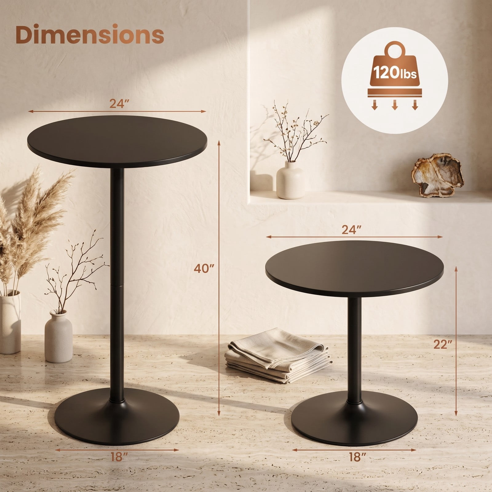 Furnibear 24 Inch Round Cocktail Table, Modern Tall Bar Bistro Table with Sturdy Metal Base and Waterproof MDF Top for Kitchen Dining Pub Home Wedding, 40 Inch, Black