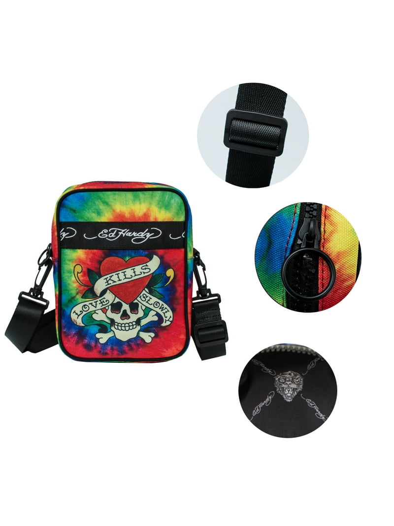 Ed Hardy Unisex Skull on Rainbow Nylon Messenger Cross Body Bag