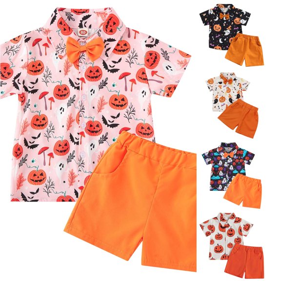 HNMKIU Boys Halloween Outfit Set Boys Casual Summer Two Piece Set Pumpkin Moon Bow Tie Elastic Waist Comfort Playwear Outfits For Toddler Kids 1 9 Years Yellow,3-4 Years