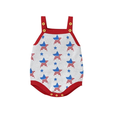 

Wassery Newborn Baby Girls Jumpsuits 4th of July Outfits Summer Knit Sling Rompers Red Sleeveless Stars Print Casual Playsuits Independence Day Clothes for Infant