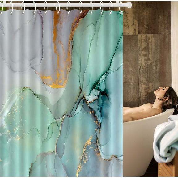 Modern Marble Shower Curtain, Gold Stripes Ombre Bath Curtains, Modern Watercolor Art Blue Green Purple Jade Decor with 12 Hooks, Waterproof Polyester Fabric, 72"x72"