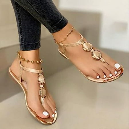 

TALENT Sandals T Strap Sandals For Women Dressy Flat Gladiator Sandals Open Toe Casual Summer Boho Sandal Beach Roman Shoes(Gold 35)