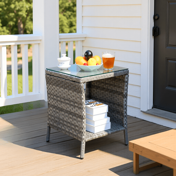 Homy Casa Outdoor Wicker Coffee Table with Tempered Glass Top, Patio Side Table with Storage Shelf