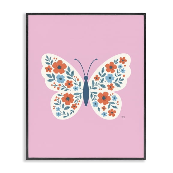 Boho Pink Floral Butterfly Black Framed Giclee Art, design by Jessica Beck