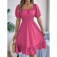 thumbnail image 6 of Women'S Boho Summer Square Neck Puff Sleeve Off Shoulder Smocked Tiered Casual A Line Short Mini Dress Rose Red M, 6 of 8
