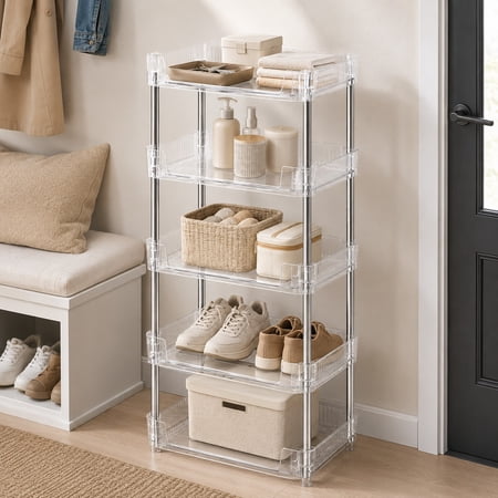 5-Tier Clear Storage Rack, Freestanding Plastic Organizer Shelf with Metal Support Poles, Space-Saving Multipurpose Storage Shelving Unit for Bedroom, Bathroom, Closet and Entryway