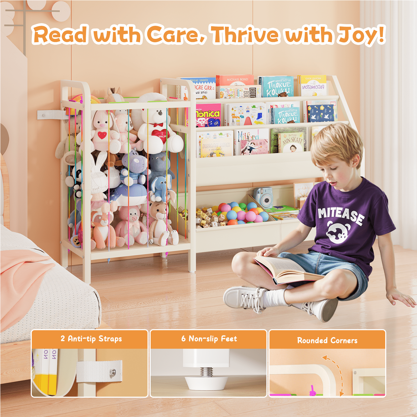 B5 Bookshelf and Toy Storage, Book Shelf for Kids Rooms, Sling Toddler Book Shelves with Stuffed Animal Storage, Montessori Baby Bookcase for Nursery, Bedroom, Playroom, White