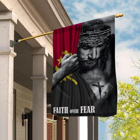 Faith Over Fear Christian with Jesus Angolan Angola Outside House Flag, Double-Sided Outdoor Yard Decor 29.5 x 39.5 Inch