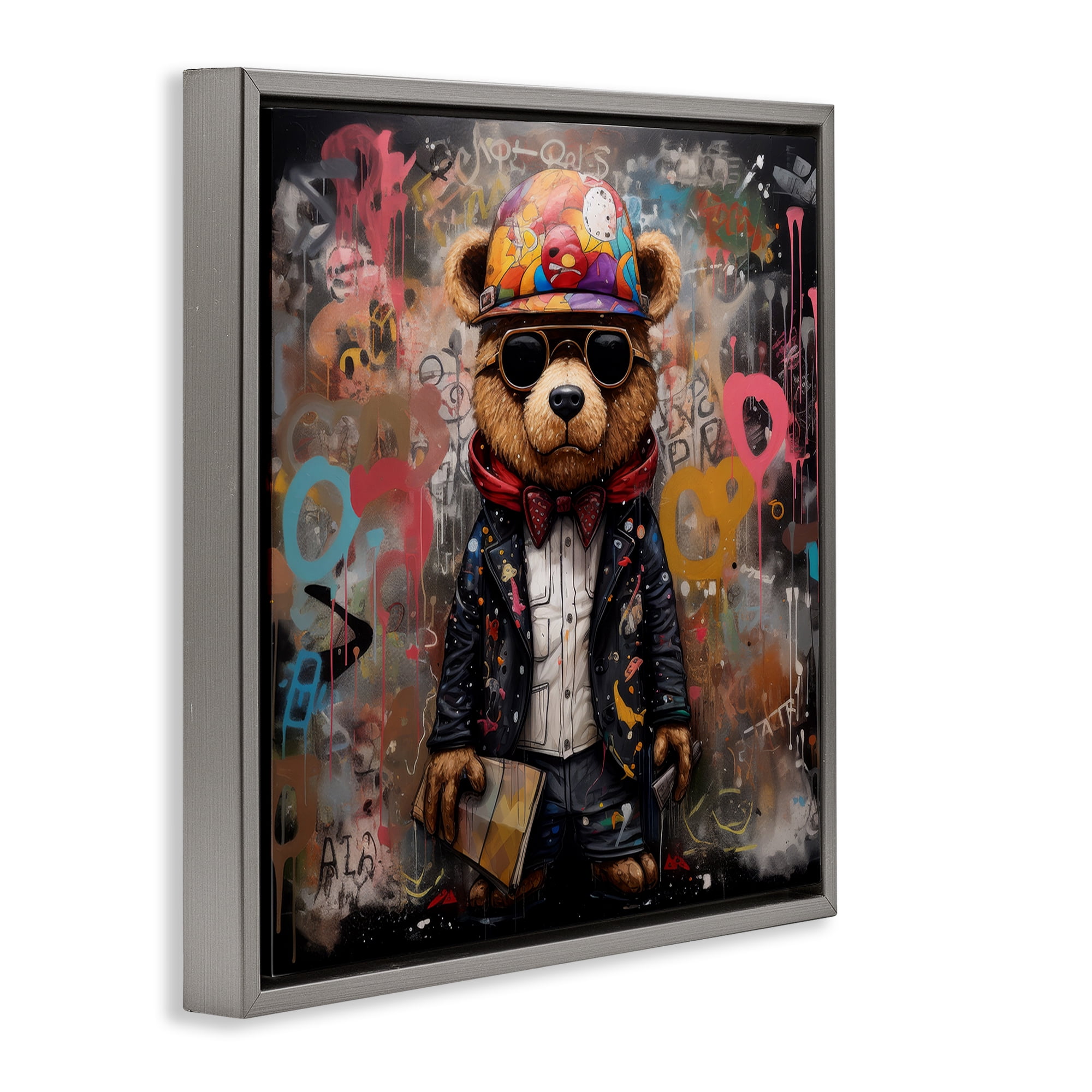 Stupell Industries Urban Graffiti Bear Animals & Insects Painting Gray Floater Framed Canvas Art Print Wall Art, 18 x 18