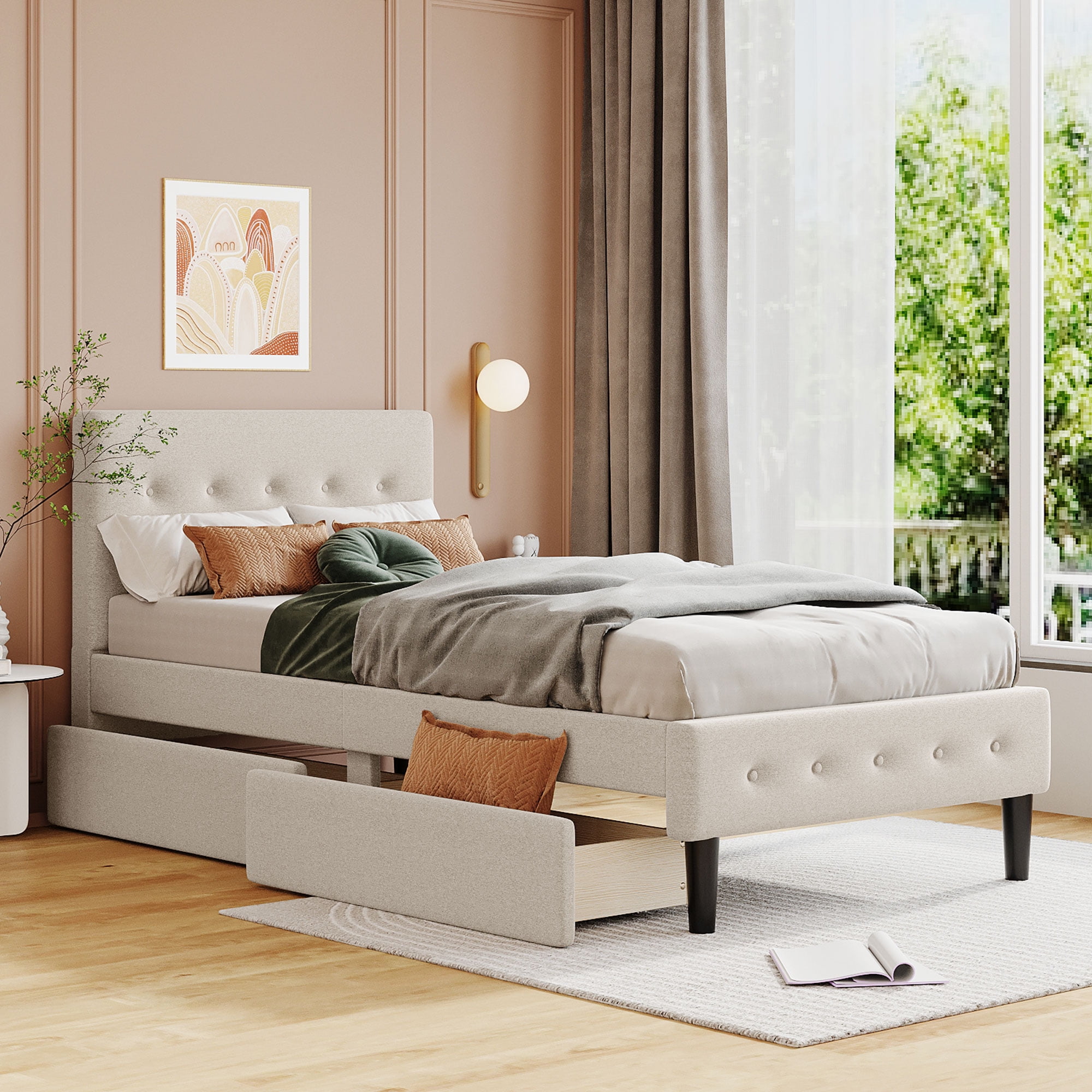 Bellemave Twin Bed Frame with 2 Storage Drawers, Upholstered Platform ...