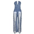 thumbnail image 1 of Women's Strapless Tube Top Denim Rompers Casual Off Shoulder Distressed Ripped Wide Leg Jeans Jumpsuit Streetwear, 1 of 7