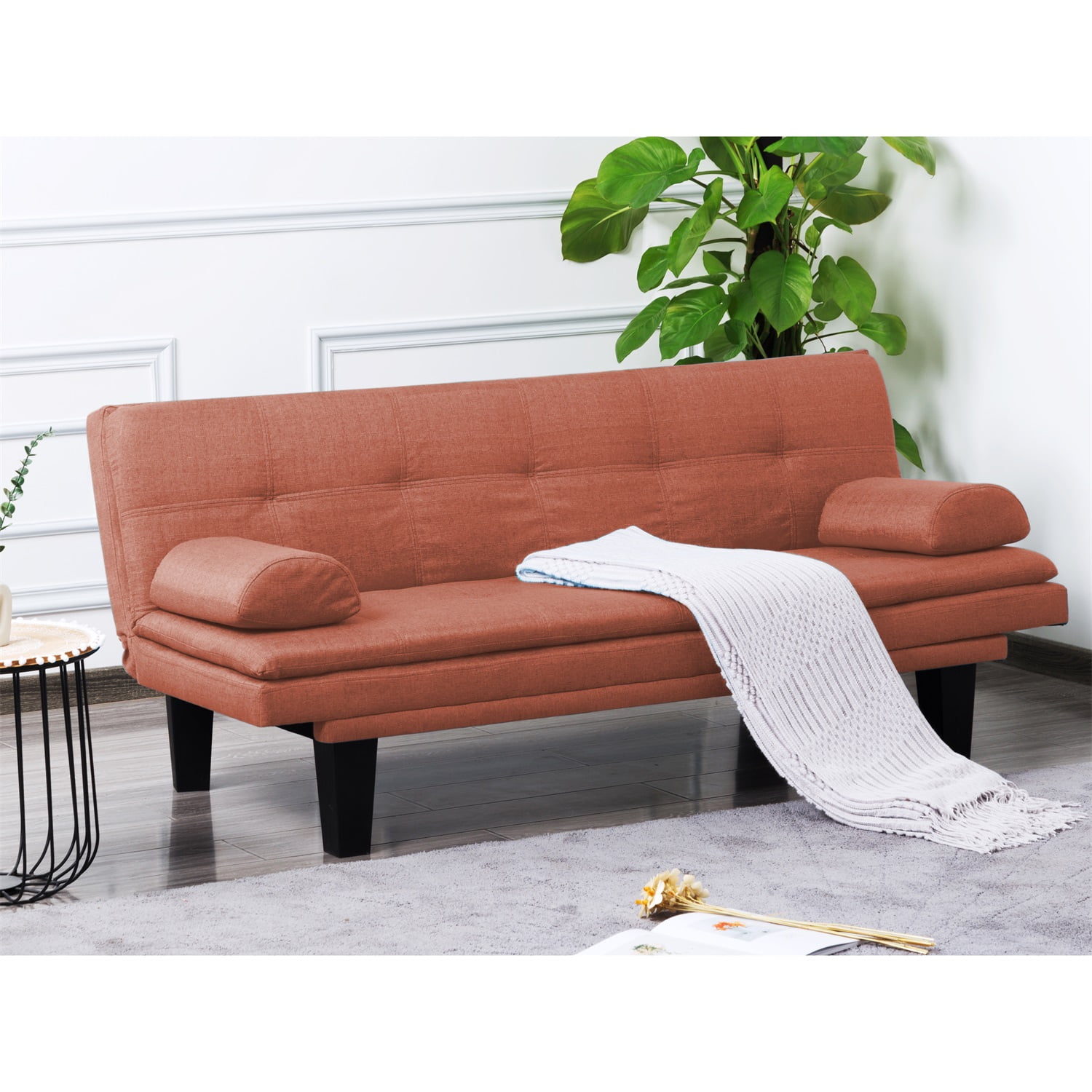 Kadyn 63.4" Futon Sofa bed, Polyester Upholstered Sofa Futon with 2 arm cushions, Modern Futon Sofa for apartment, Orange Kadyn 63.4" Futon Sofa bed, Polyester Upholstered Sofa Futon with 2 arm cushions, Modern Futon Sofa for apartment, Orange