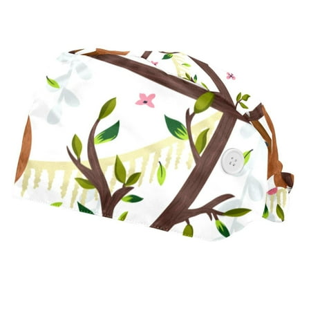 

2PCS Working Cap with Buttons and Sweatband Adjustable Tie Back Hats Bouffant Caps Funny Sloths Scrub Turban Hat