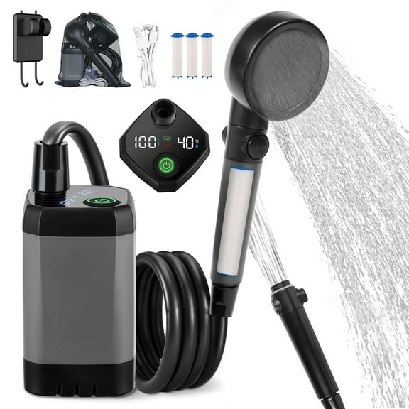 IC ICLOVER Portable Shower for Camping, 6000mAh Outdoor Camping Shower with 4 Spray Modes Shower Head, Rechargeable Shower Pump for Hiking, Travel, Pet Washing