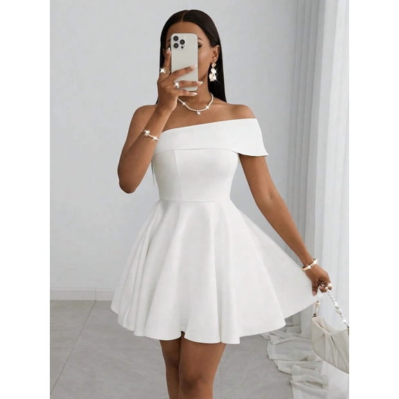 White Off-Shoulder Fit & Flare Mini Dress For Party Wedding Dinner