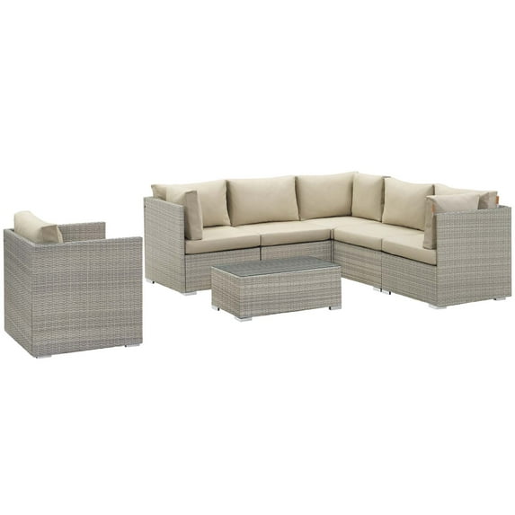 Modern Contemporary Urban Outdoor Patio Balcony Garden Furniture Lounge Sectional Sofa and Table Set, Sunbrella Rattan Wicker, Light Gray Beige