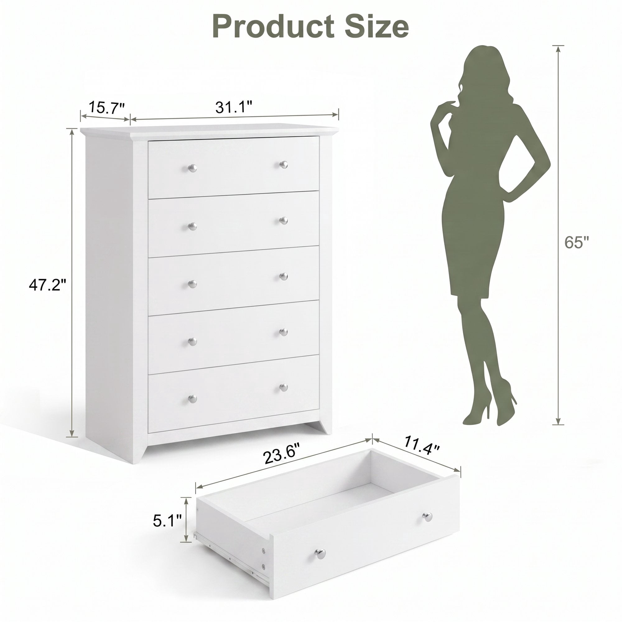 TrumanPick Tall White Dresser, 5 Drawer Dressers for Bedroom 47.2"H x 31.1"W x 15.7"D, Wood Chest of Drawers for Living Room Hallway Entryway