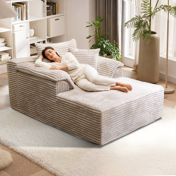 Kelyda 61'' Boneless Chaise Lounge Chair Indoor, Oversized Modern Cloud Faux Fur Couch Sofa Bed Sleeper Chair Beige
