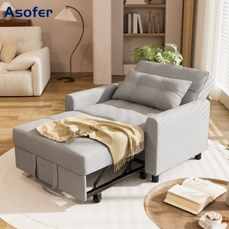Asofer Sofa Bed Chair, 3 in 1 Convertible Futon Couch Recliner, Sleeper Sofa for Home or Office, Light Gray