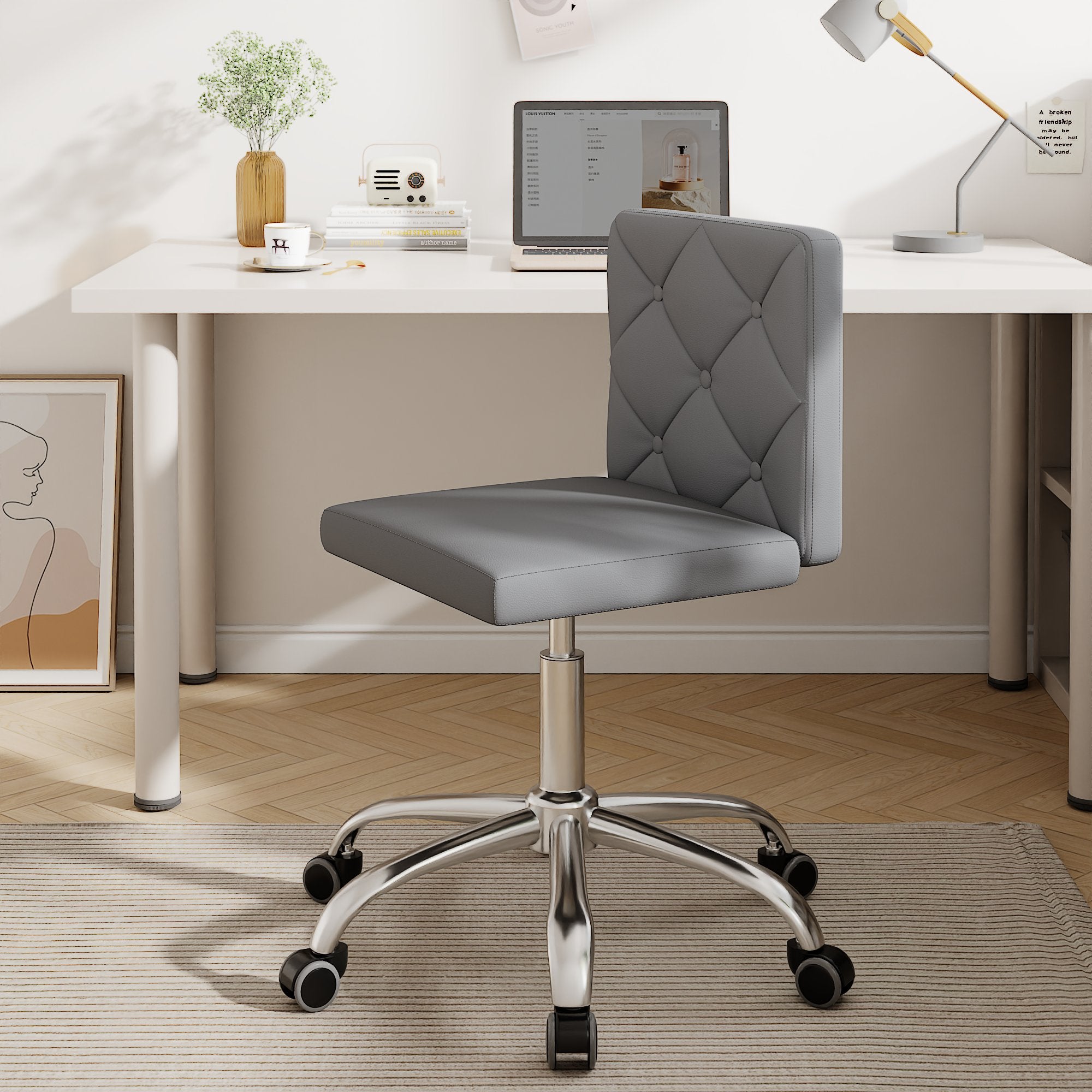 VECELO PU Leather Armless Office Chair with Wide Seat, Adjustable Height Mid-Back Task Chair, 360° Rolling Swivel Vanity Chair for Home Office,Grey