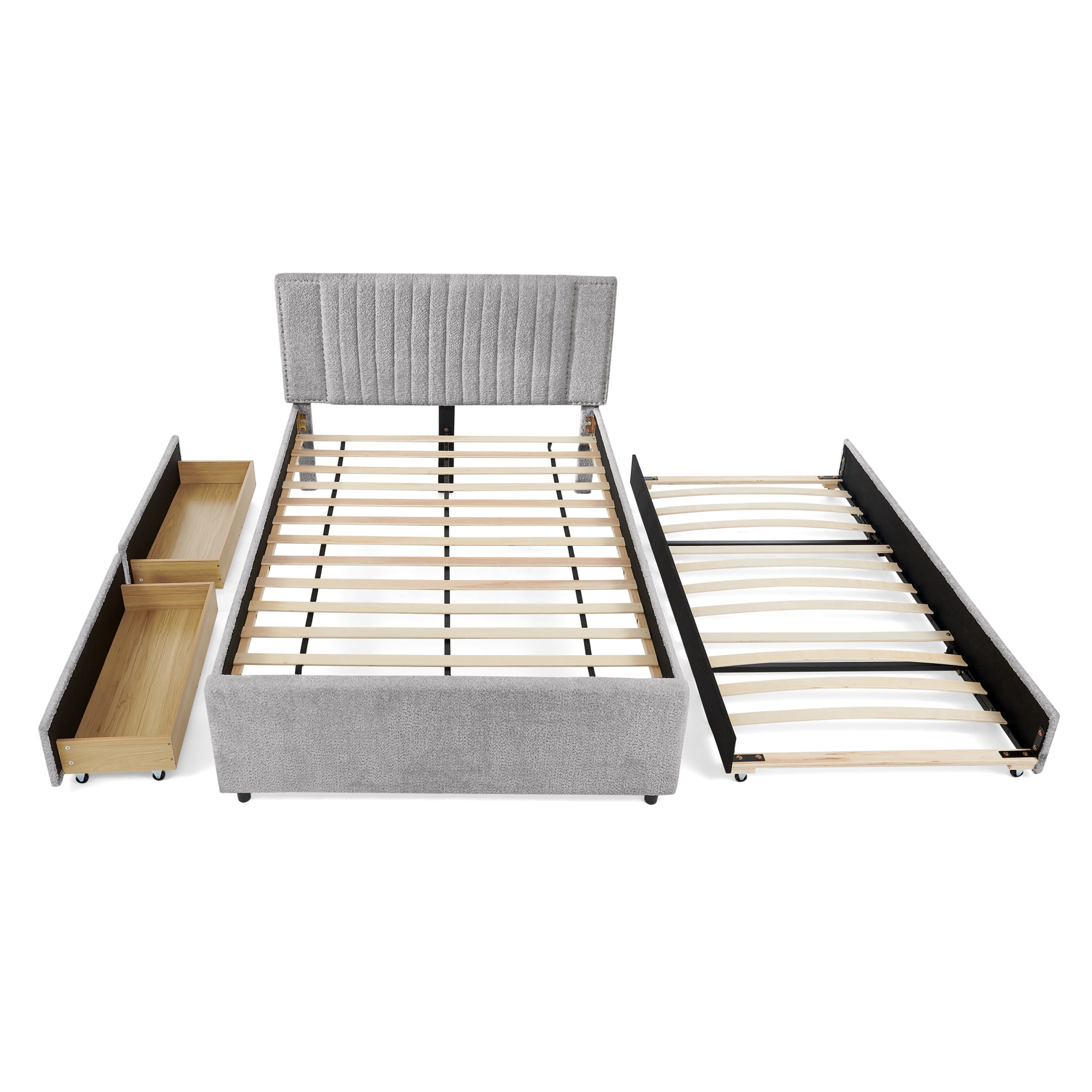 Noble House Luxen Full Chenille Upholstered Bed, Vertical Tufted Daybed with Pull-out Trundle and Storage Drawers, Gray