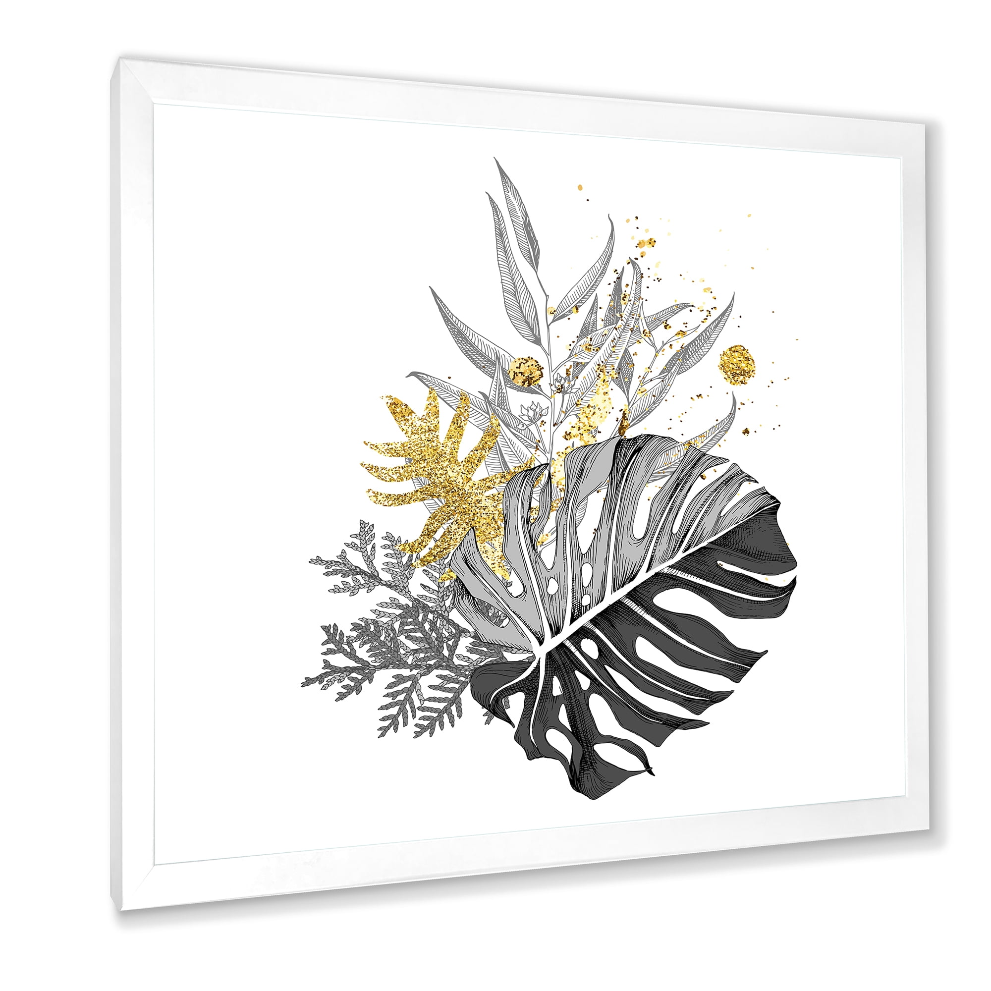 Designart 'Bouquet With Golden Tropical Leaves and Monochrome' Tropical Framed Art Print