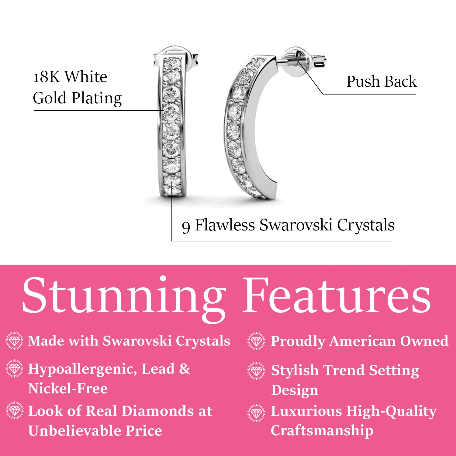 Cate & Chloe Erin 18k White Gold Plated Half Hoop Earrings with Swarovski Crystals Gift for Women