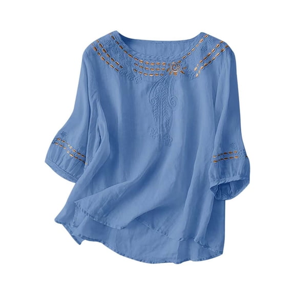 Cmfcve Peasant Top for Woman Plus Size 3/4 Length Sleeve Cotton Linen Tunic Shirts Solid Color Round Neck Henley T-shirts