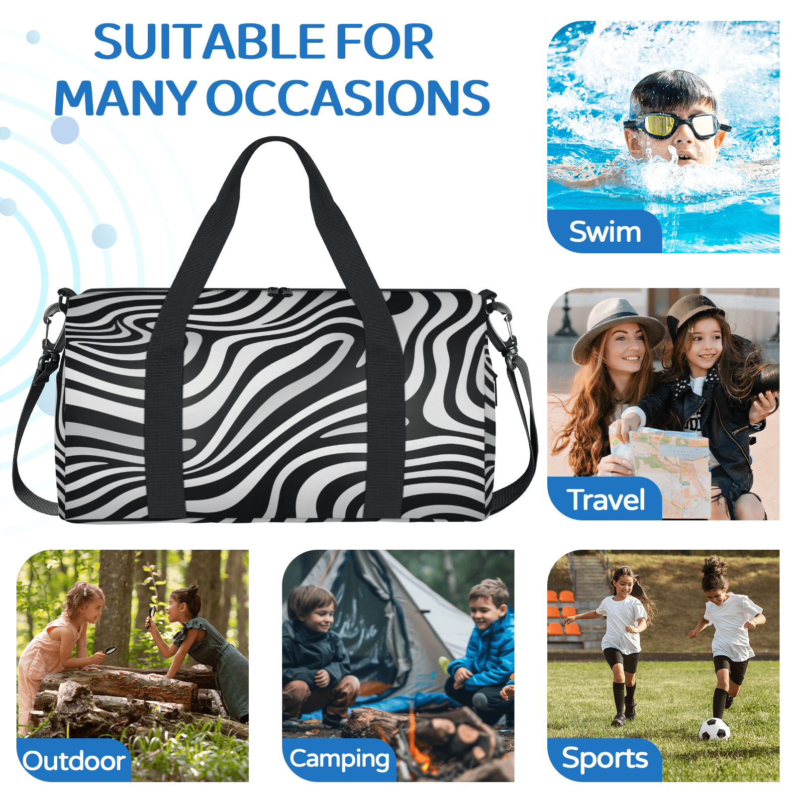 Herdesigns Zebra Printed Travel Duffle Bag Sports Yoga Weekender Overnight Carry on Workout Bags Lightweight Waterproof Gym Tote Bag for Women