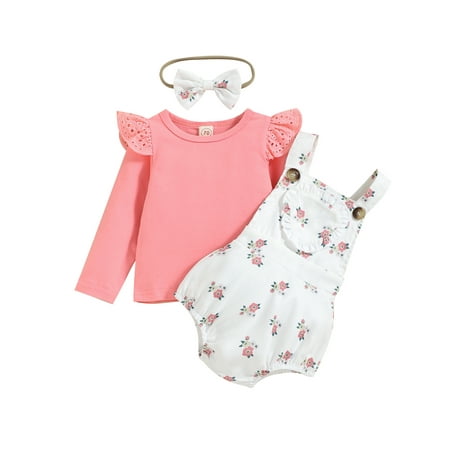 

Calsunbaby Infant Baby Girls 3Pcs Romper Suit Long Sleeve O-Neck Shirt + Flower Backless Suspender Romper + Bow Headband Pink 9-12 Months