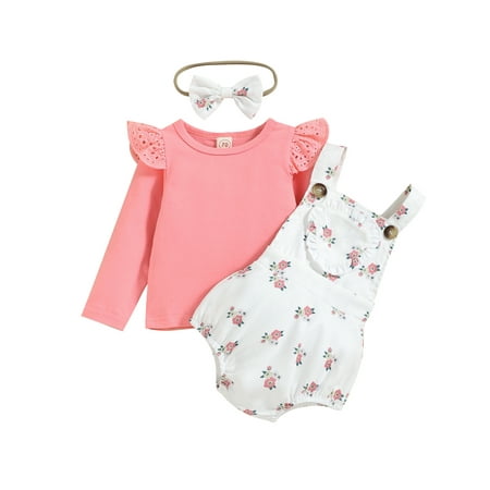 

jaweiwi Baby Girls 3PCS Romper Outfits Set Long Sleeve Plain Color O-Neck T Shirt + Flower Backless Suspender Romper + Bow Headband Size 0 6 9 12 18 M