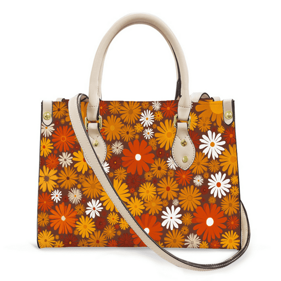 Purse Tote Bag for Women Leather Handbag, Satchel Shoulder Crossbody Top Handle Bags for Work Travel, Retro 70s Flower, WHITE
