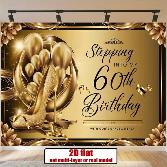 Gold 60th Birthday Backdrop Stepping Into My 60th Birthday Photography Background for Women Golden Glitter Balloons Heels 60th Birthday Party Decorations Banner Supplies Photo Booth Props