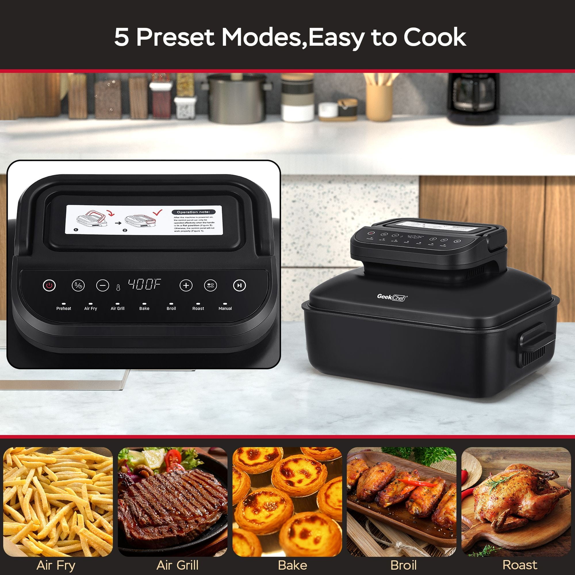 Geek Chef 5in1 Indoor Grill Fryer Combo with 6Quart Air Fryer, and