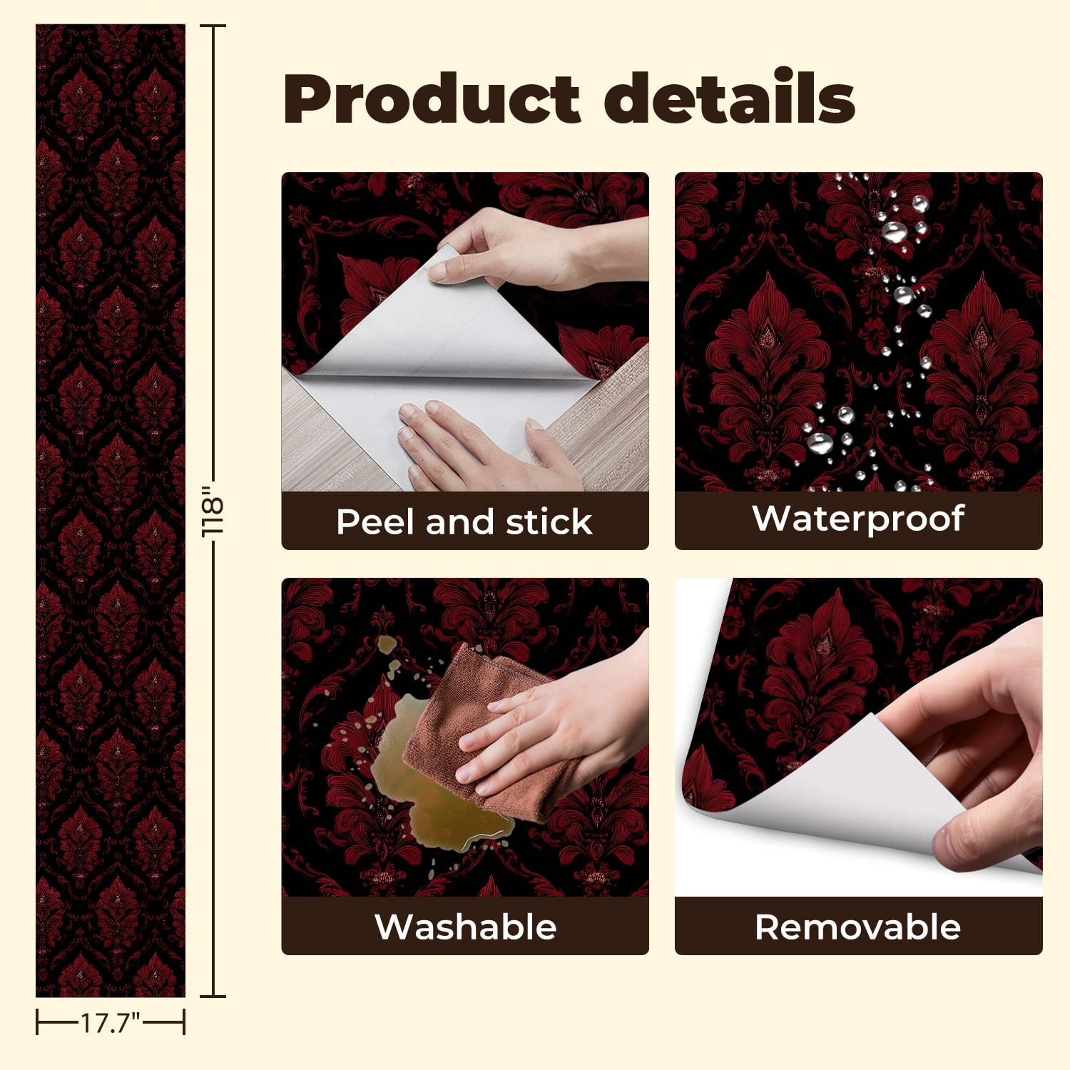 Peel and Stick Wallpaper Red Damask Floral Black Ornate Baroque Motifs Wall Mural 17.7in x 9.8ft Self Adhesive Removable Wall Paper Renter Friendly Wallpaper for Nursery Bedroom Cabinets