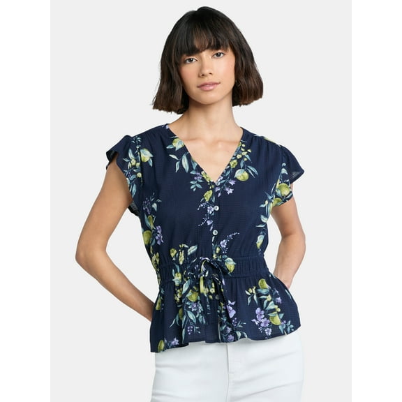 Time And Tru Women's Peplum Top with Flutter Sleeves, Sizes XS-XXXL