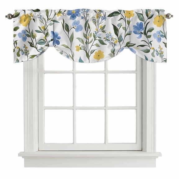 Blue Yellow Floral Spring Tie Up Valance Curtains for Windows, Kitchen Curtains Window Shades, Summer Botanical Pastoral Green Light Filtering Roman Curtain Valances for Bedroom/Bathroom/Cafe 54"x18"