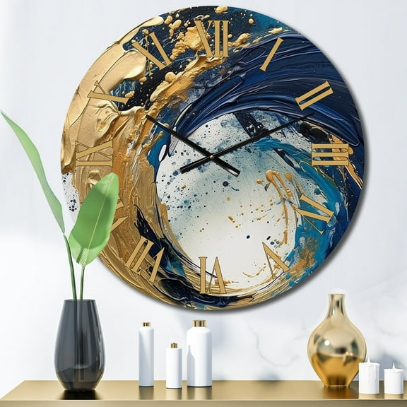 Designart "Strokes in Dark Blue and Gold VI" Abstract Oversized Wall Clock