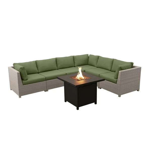 Chambers Bay Collection Ensemble de conversation de patio en aluminium 7 pièces avec coussins verts et table à feu carrée