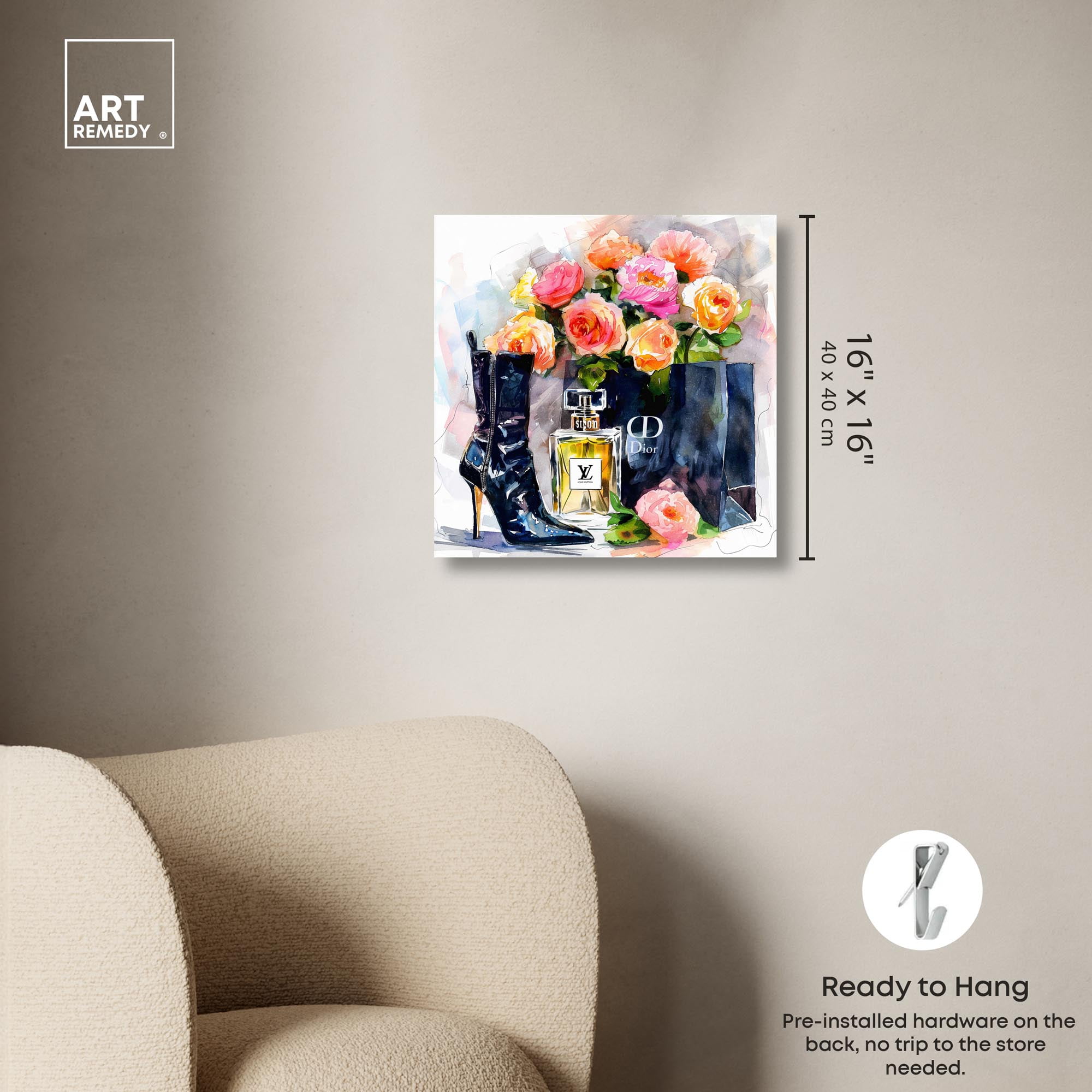 Boot with Perfume and Shopping Bag Canvas Fashion Art Prints by Art Remedy, Gallery Wrapped, 16" x 16"