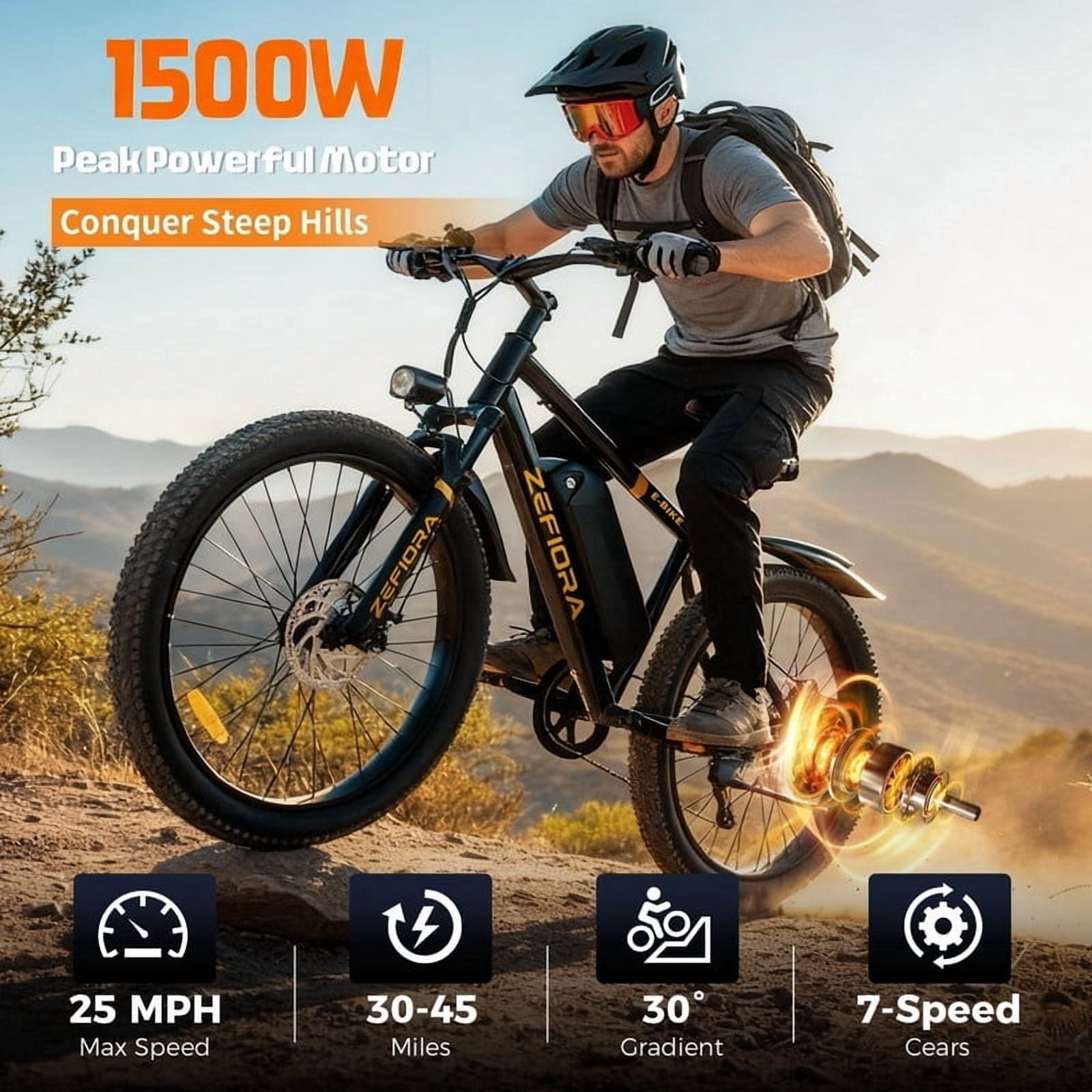 ZEFIORA Electric Bike for Adults, 1500W Peak Motor Ebike, 25mph, 45 Miles PAS Range, 48V 10Ah Removable Battery, 7-Speed, 26" All-Terrain Electric Bicycle, UL2849