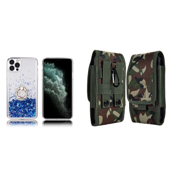 Waterfall Liquid Glitter Stand Case and Belt Holster Pouch for iPhone 14 Pro (Blue/Jungle)