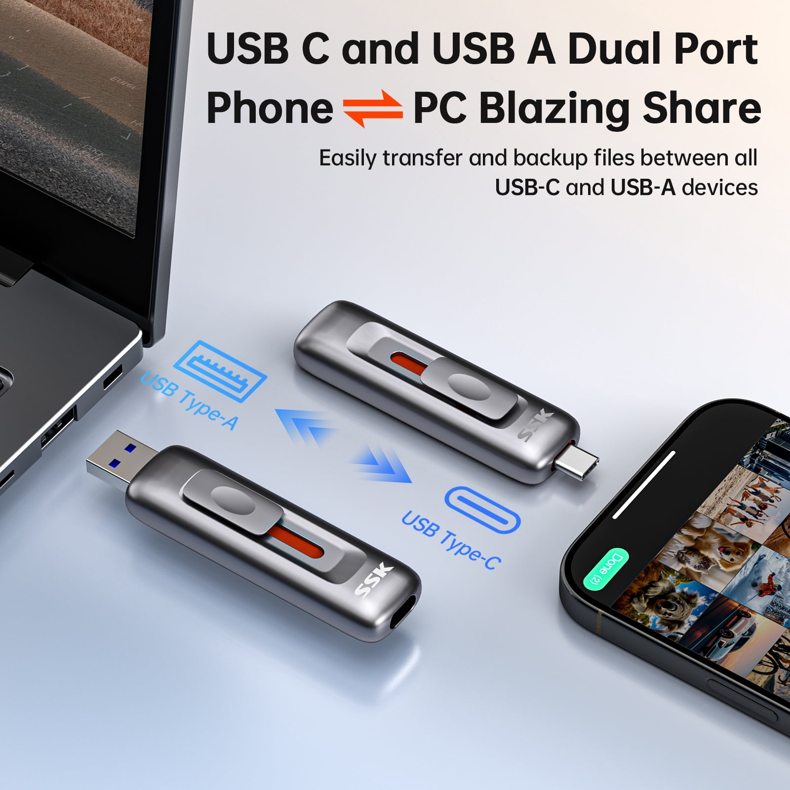 SSK 256GB Flash Drive SSD External, Push-Pull USB Drive up to 1000MB/s Dual Head, Thumb Drive-USB SSD Memory Stick for iPhone 15/16/17, Android, Tablet, Win& Mac Zinc Alloy