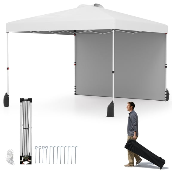 Gymax 10 X 10 FT Pop up Canopy Tent w/ 1 Sidewall Wheeled Bag 8 Stakes