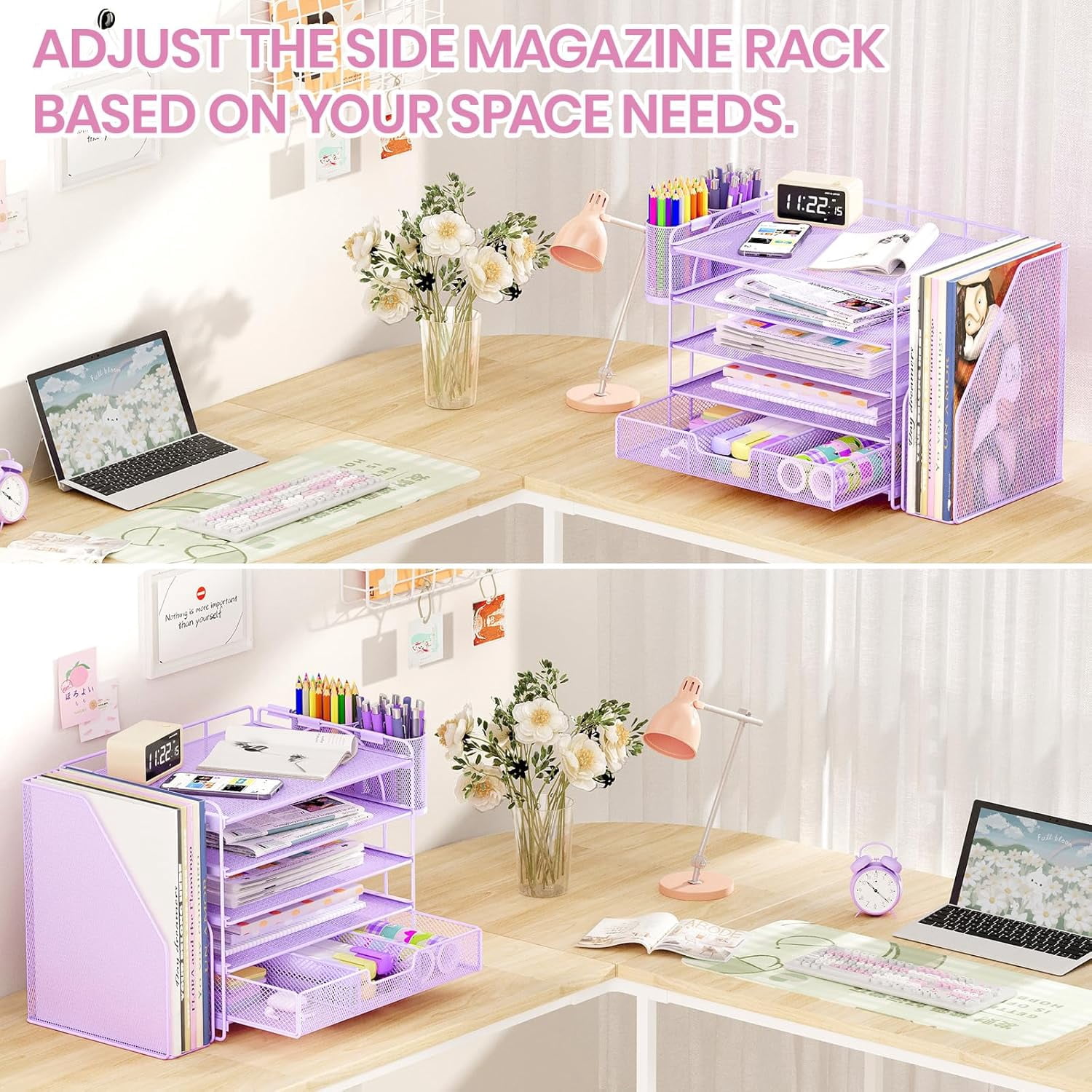 ThrottleT-Desk Organizers and Accessories with File Holder, 5-Tier Office Desk Accessories & Workspace Desktop Organizer with Drawer and 2 Pen Holder, File Paper Organizer for Office Supplies(Purple)