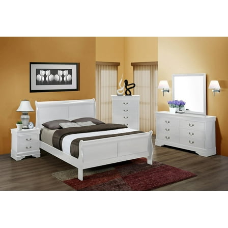 Traditional Classic 5pc Twin Panel Bed Dresser Mirror Nightstand Set White Finish Wooden Bedroom Furniture