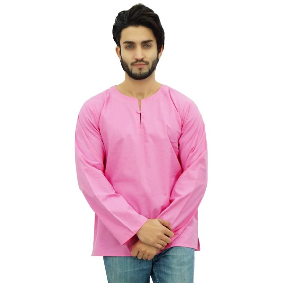 Atasi Men's Baby Pink Short Kurta Round Keyhole Neck Cotton Shirt-X-Large