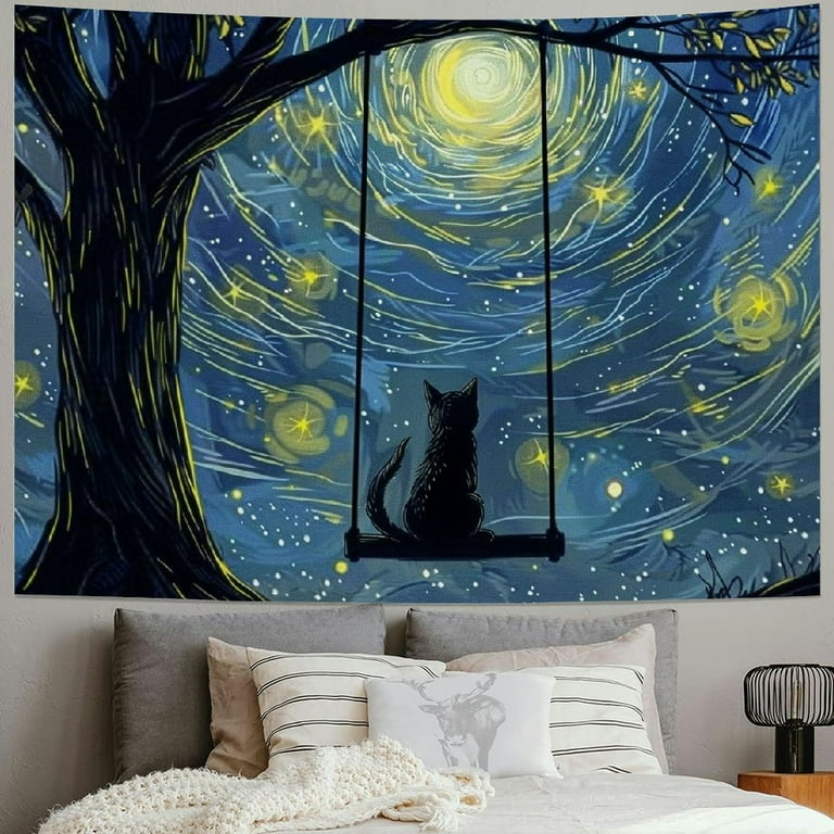 BCIIG Cute Cat Tapestry Wall Haning for Girls Bedroom, Starry