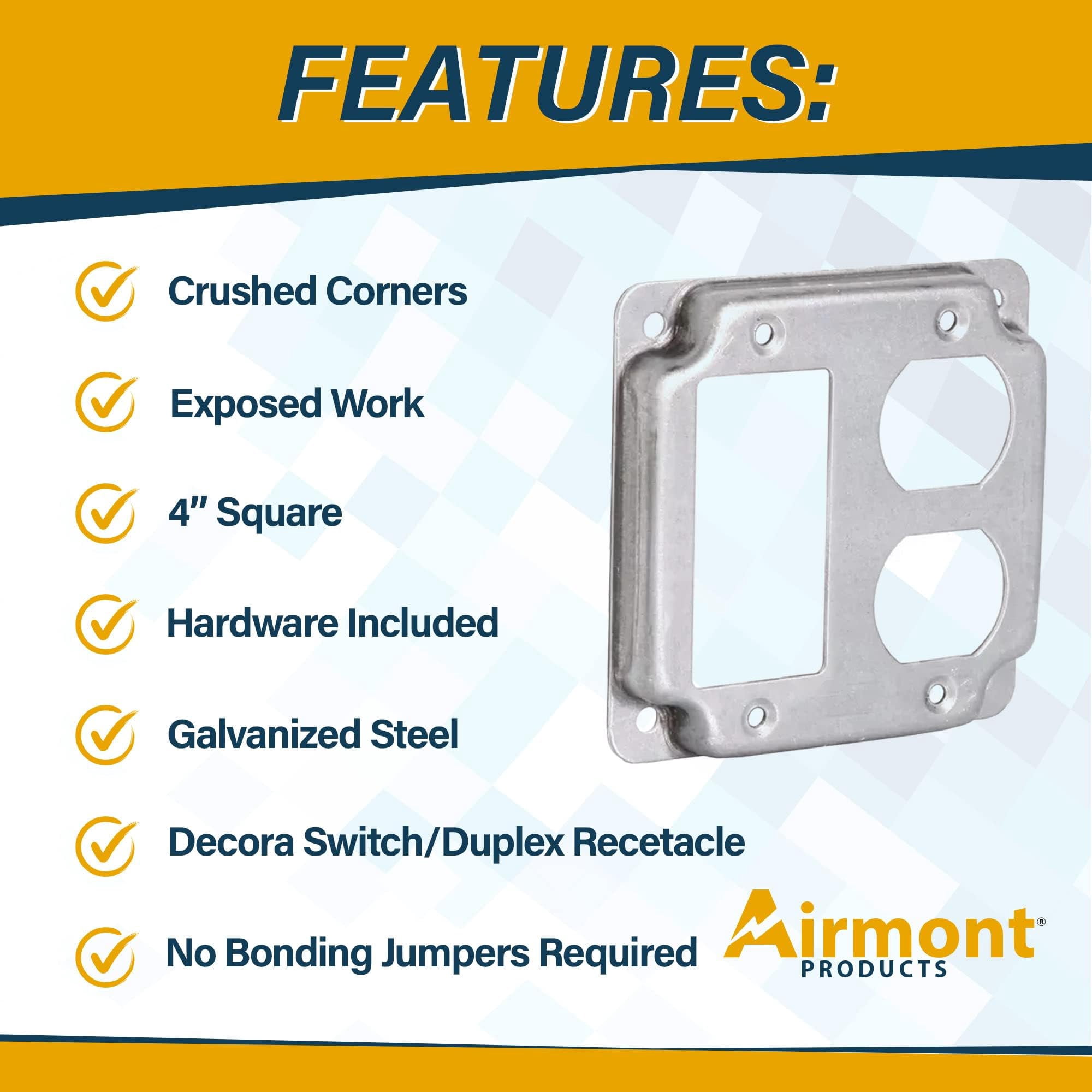 5 Pack Airmont Products 2-Gang Rocker and Duplex Electrical Box Cover - 4 Inch Square 1/2 Inch Raised Galvanized Steel Exposed Work Cover - Surface Mount Junction Box Cover for Outlet Combinations