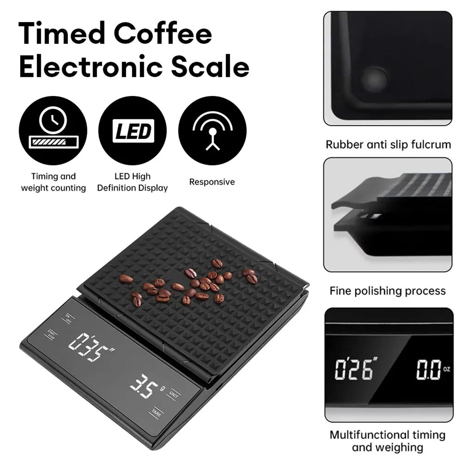 Digital Rechargable Coffee Scale with Timer LED Screen Espresso USB 3kg Max.Weighing 0.1g High Precision Measures Kitchen Scale